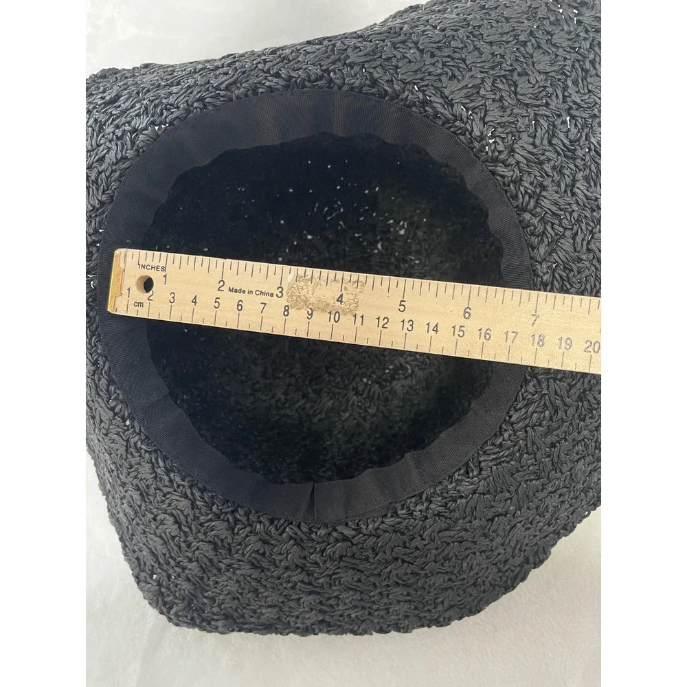 Womens Black Woven Straw Floppy Sun Hat Scalloped Brim Wooden Beads Beach Summer